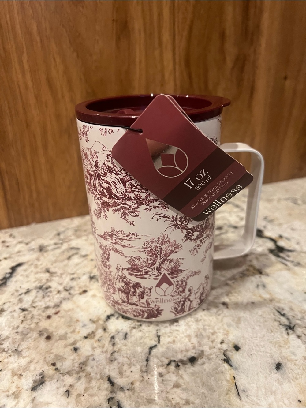 Wellness 17 oz Burgundy Pattern Travel Mug with Handle